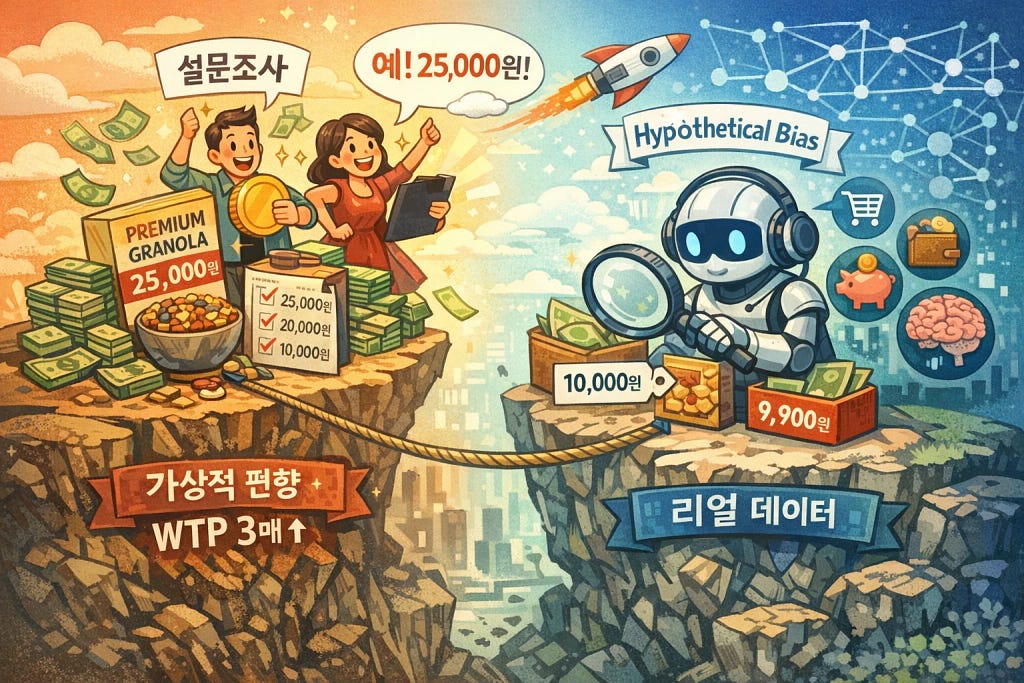 설문에서는 25,000원도 낸다고 답하는 사람들과, 실제 가격 데이터를 살피는 AI의 대비를 그린 그림